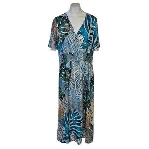 Simply Art Dolcezza Palm Leaf Printed V-Neck Flutter Sleeve Dress, Smocked, L